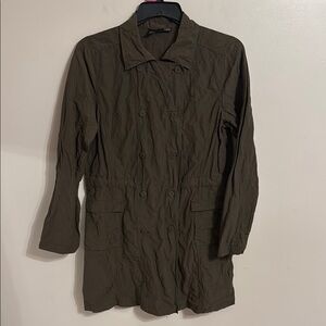 Eileen Fisher Double Breasted Green Army Jacket Cotton Nylon Metallic Size Large